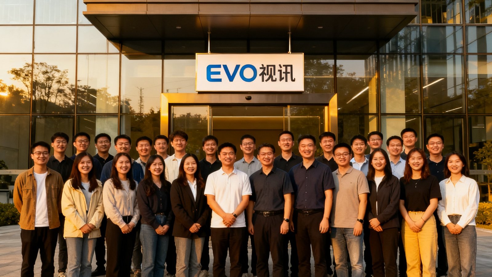 EVO视讯集团研发团队在公司总部大楼前的合影，约80名员工面带微笑站成四排，背景为现代化玻璃幕墙办公大楼，门口悬挂EVO视讯品牌标识牌匾，拍摄于2024年秋季团建活动日