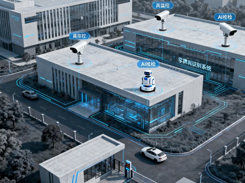 智慧园区安防视讯解决方案示意图，现代化科技园区鸟瞰视角，标注了高清监控摄像头点位分布、车辆出入口车牌识别系统以及园区内AI巡检机器人