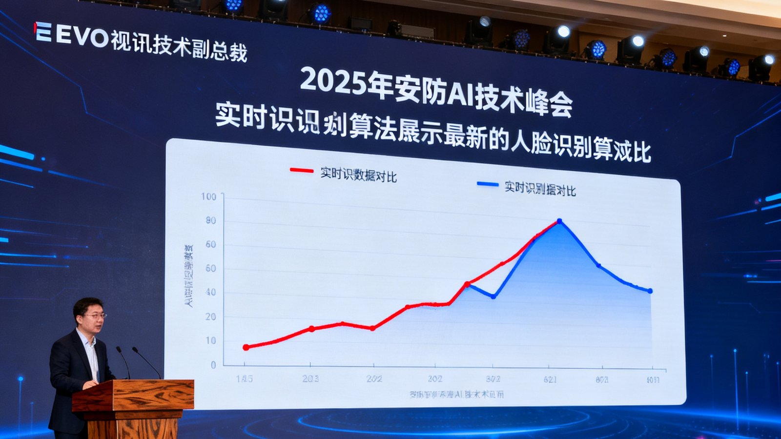 2025年安防AI技术峰会的现场照片，演讲台上EVO视讯技术副总裁正在展示最新的人脸识别算法成果，大屏幕上显示着实时识别数据对比图表