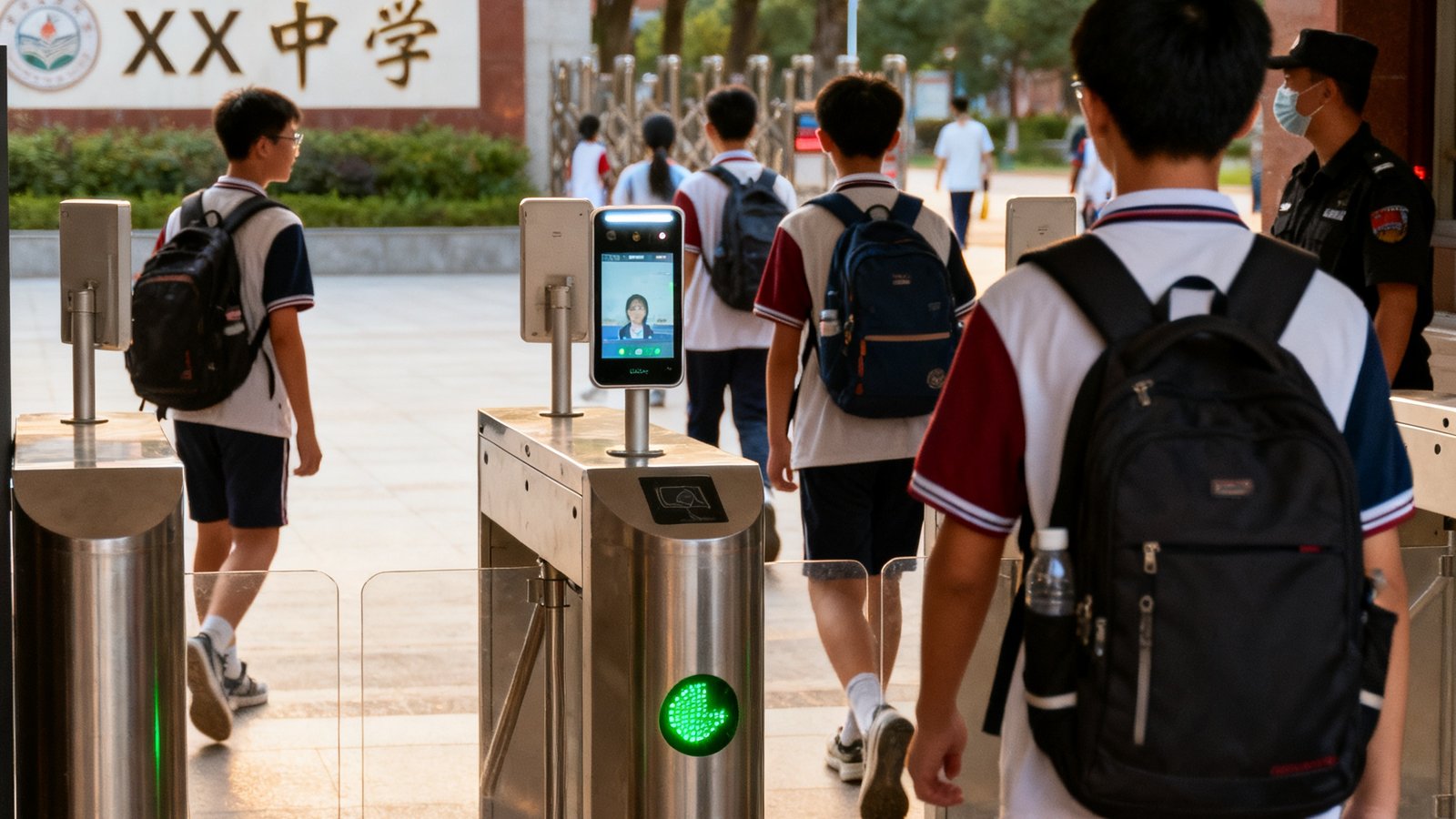 某市重点中学门口学生通过人脸识别闸机的日常场景照片，闸机屏幕上显示绿色通行标识，学生们背着书包有序出入，校门口整体氛围安全有序